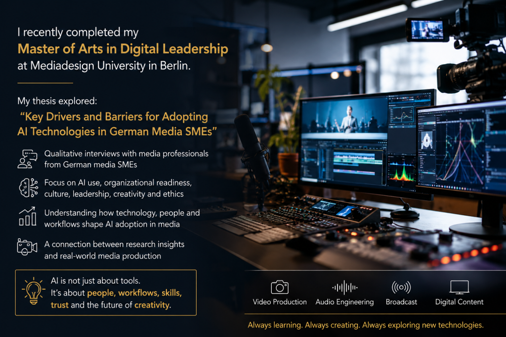 A modern media production studio with cameras, microphones, editing screens and audio visuals, presenting Ehsan Aliabadi’s Master of Arts thesis on AI adoption in German media SMEs.
